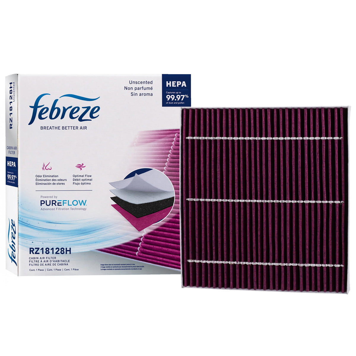 Febreze front packaging showing PUREFLOW RZ18128H filter and benefits