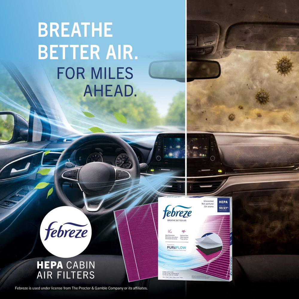 Febreze in-car lifestyle shot with passenger enjoying cleaner air benefit