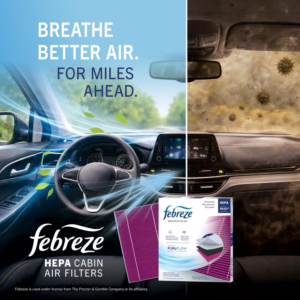 Febreze packaging back label with feature details and fit benefit