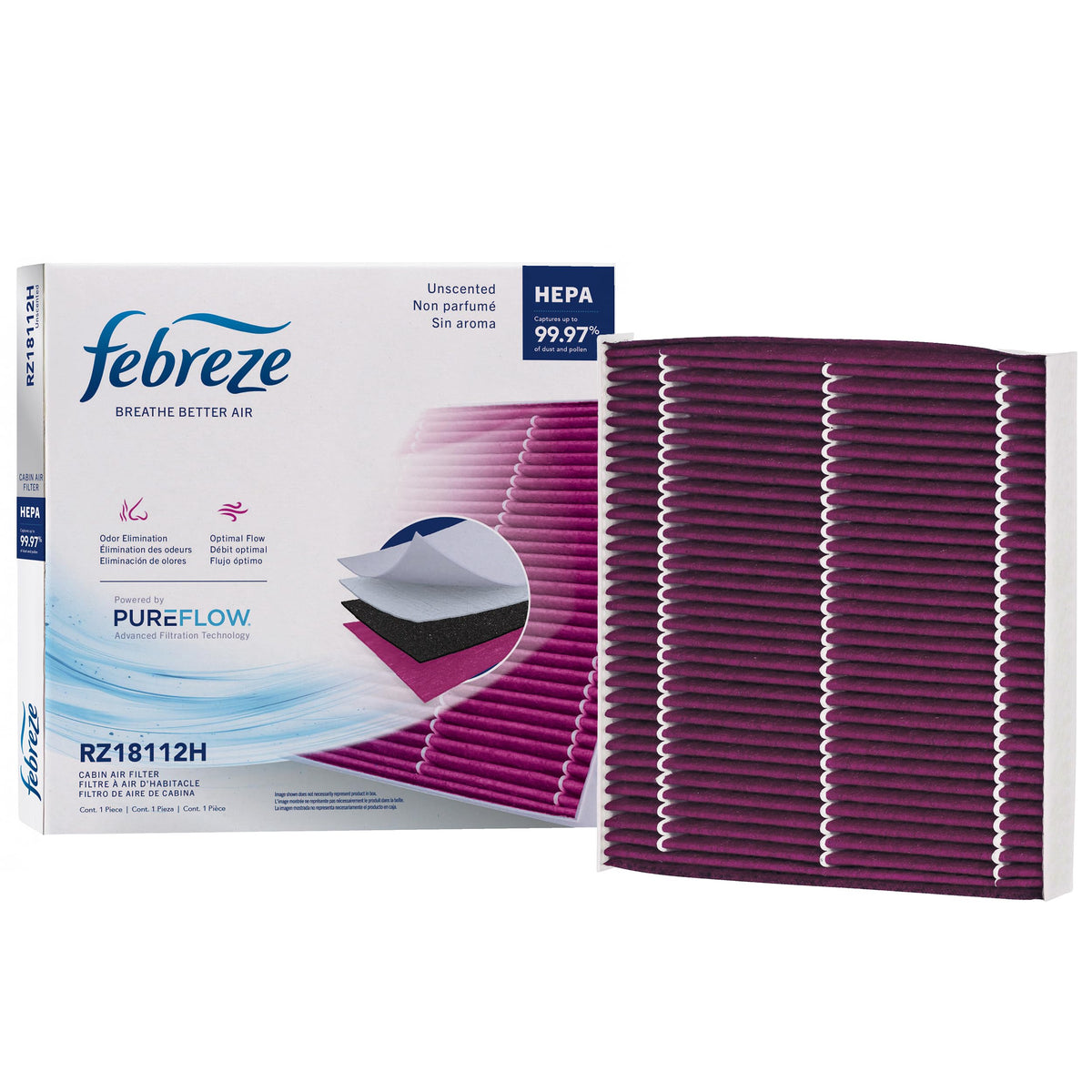 Febreze PUREFLOW front packaging showing product benefits and scent-free claim