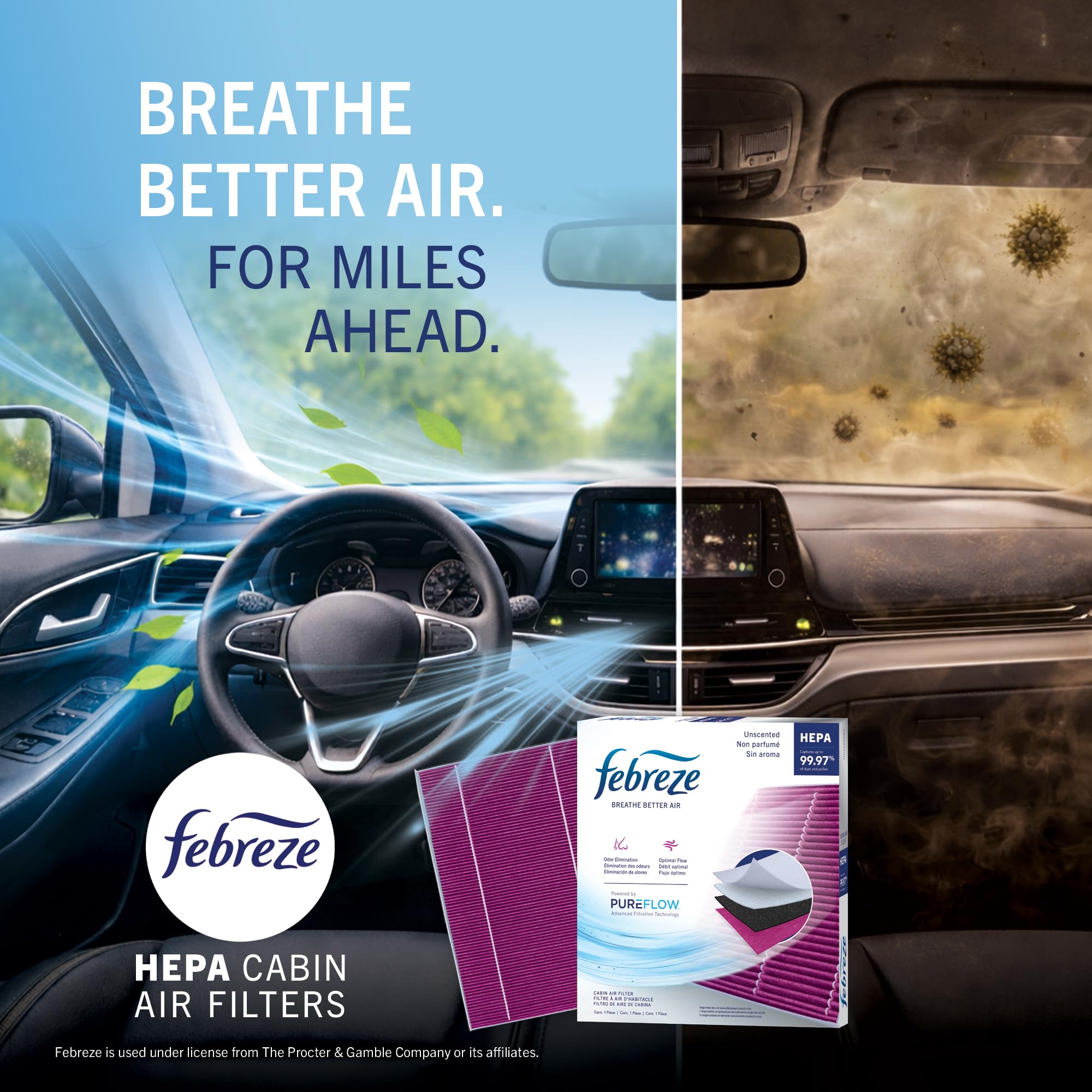 Febreze PUREFLOW in a vehicle interior on a road trip illustrating fresher cabin air