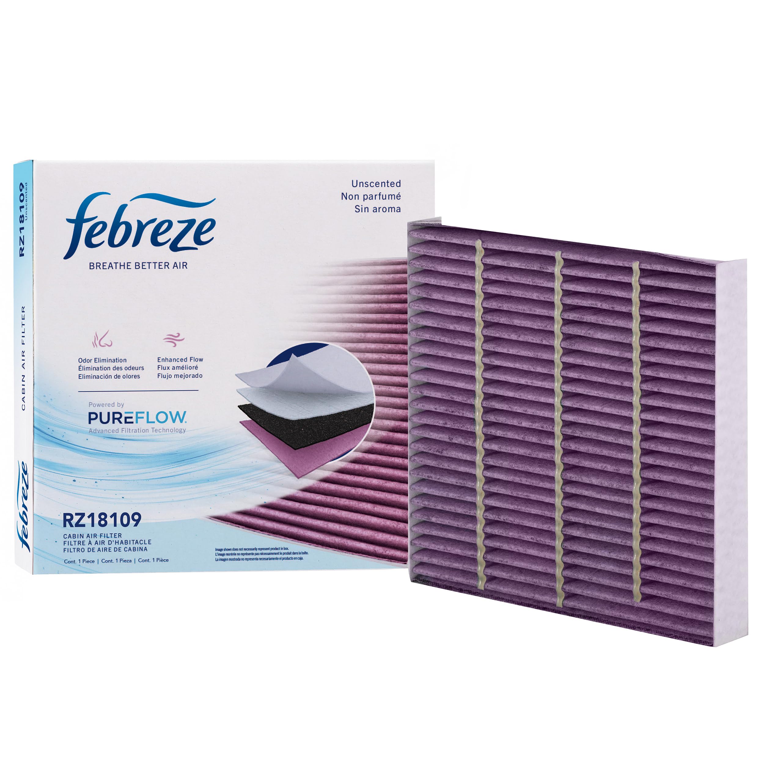 Febreze RZ18109 front packaging showing unscented filter benefits