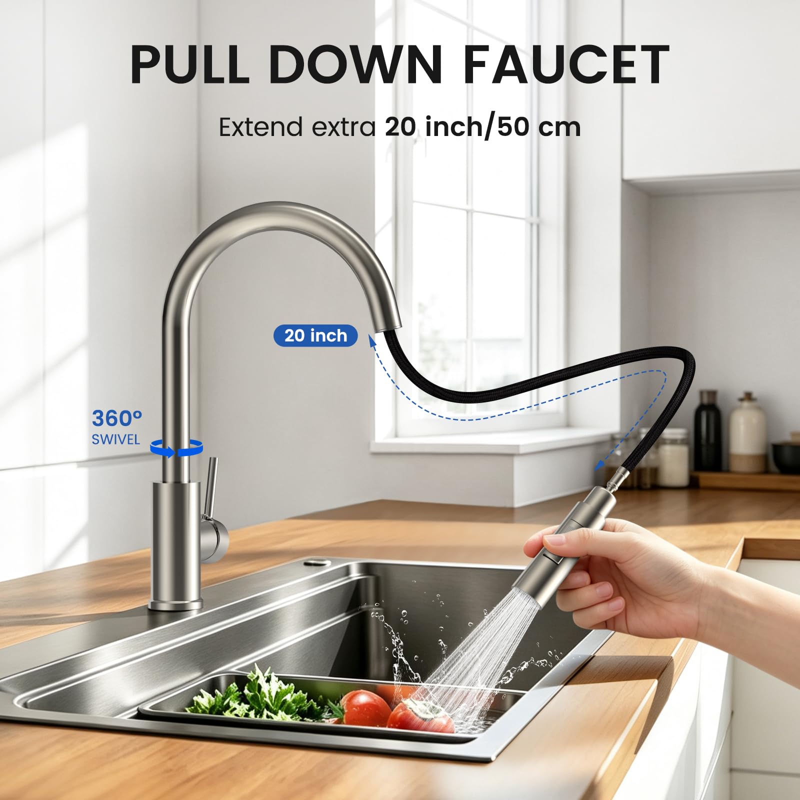 FEELSO closeup of spout curve highlighting high-arc clearance and easy filling