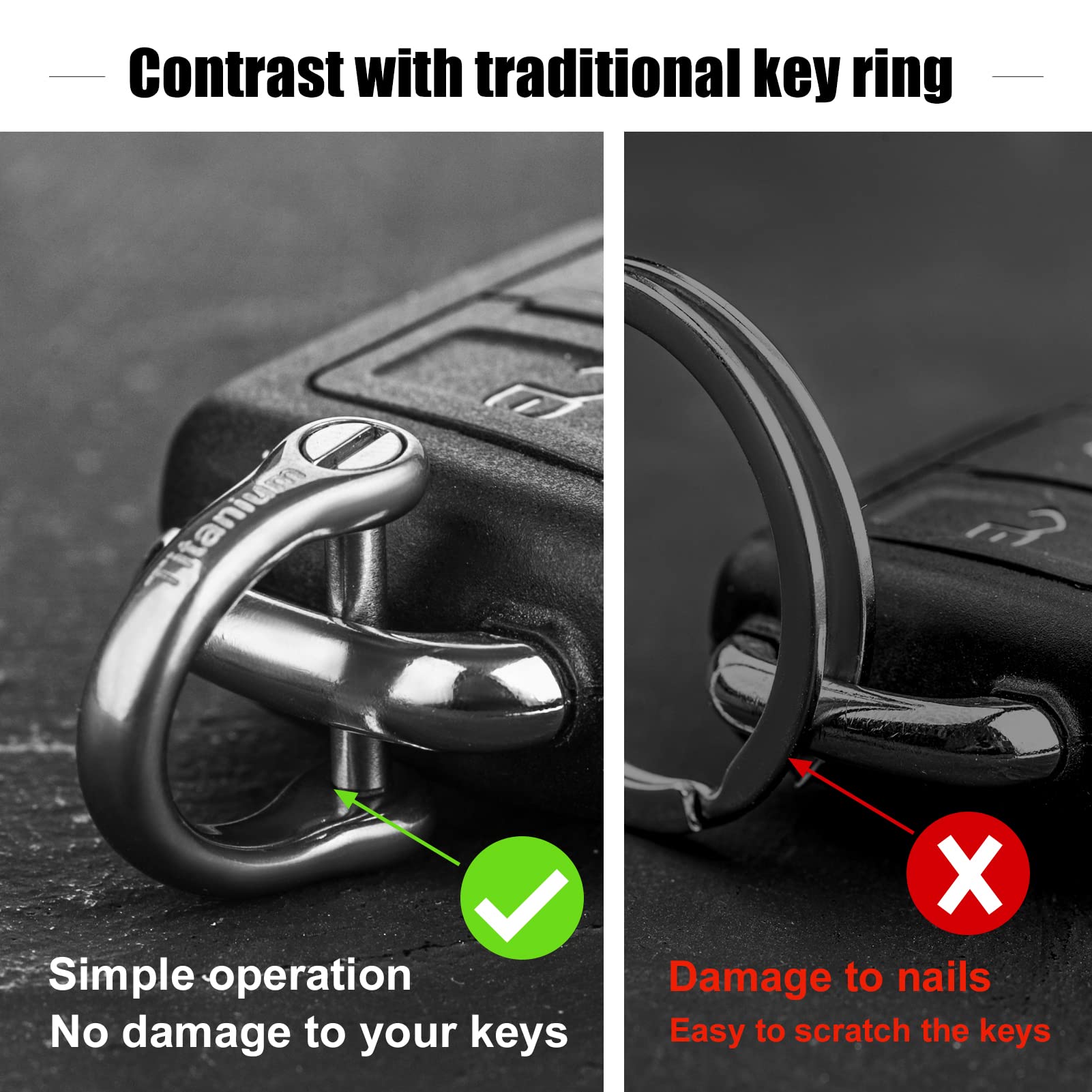 FEGVE D-ring attached to a car key fob demonstrating secure compact fit