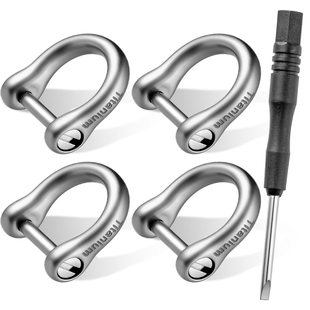 FEGVE front view of four titanium D-rings showing compact packaging and benefit of organized spare set