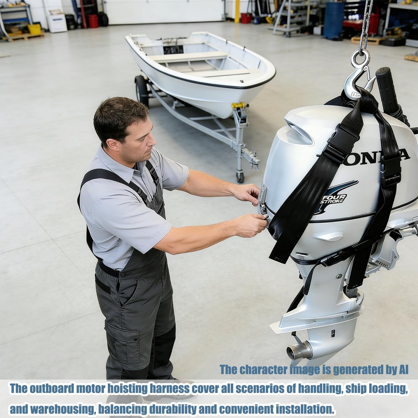 FEIJAZUM lifting an outboard from boat to stand demonstrating safe transfer