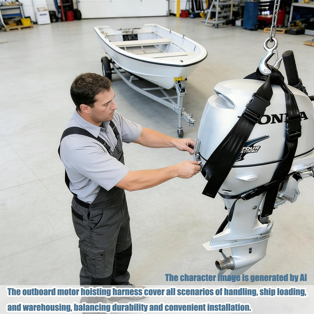 FEIJAZUM lifting an outboard from boat to stand demonstrating safe transfer