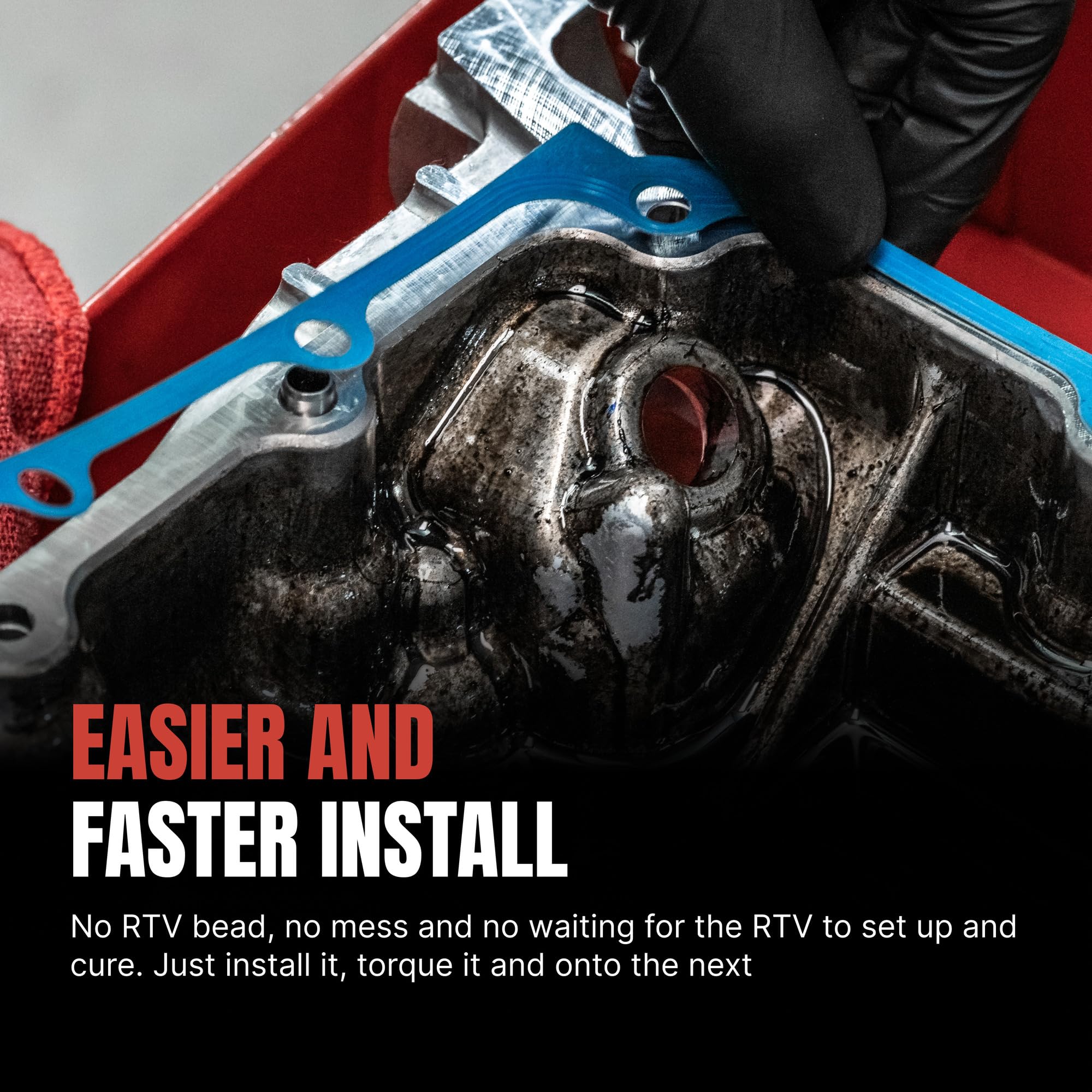 Fel-Pro gasket installed on oil pan showing clean fit and faster assembly benefit