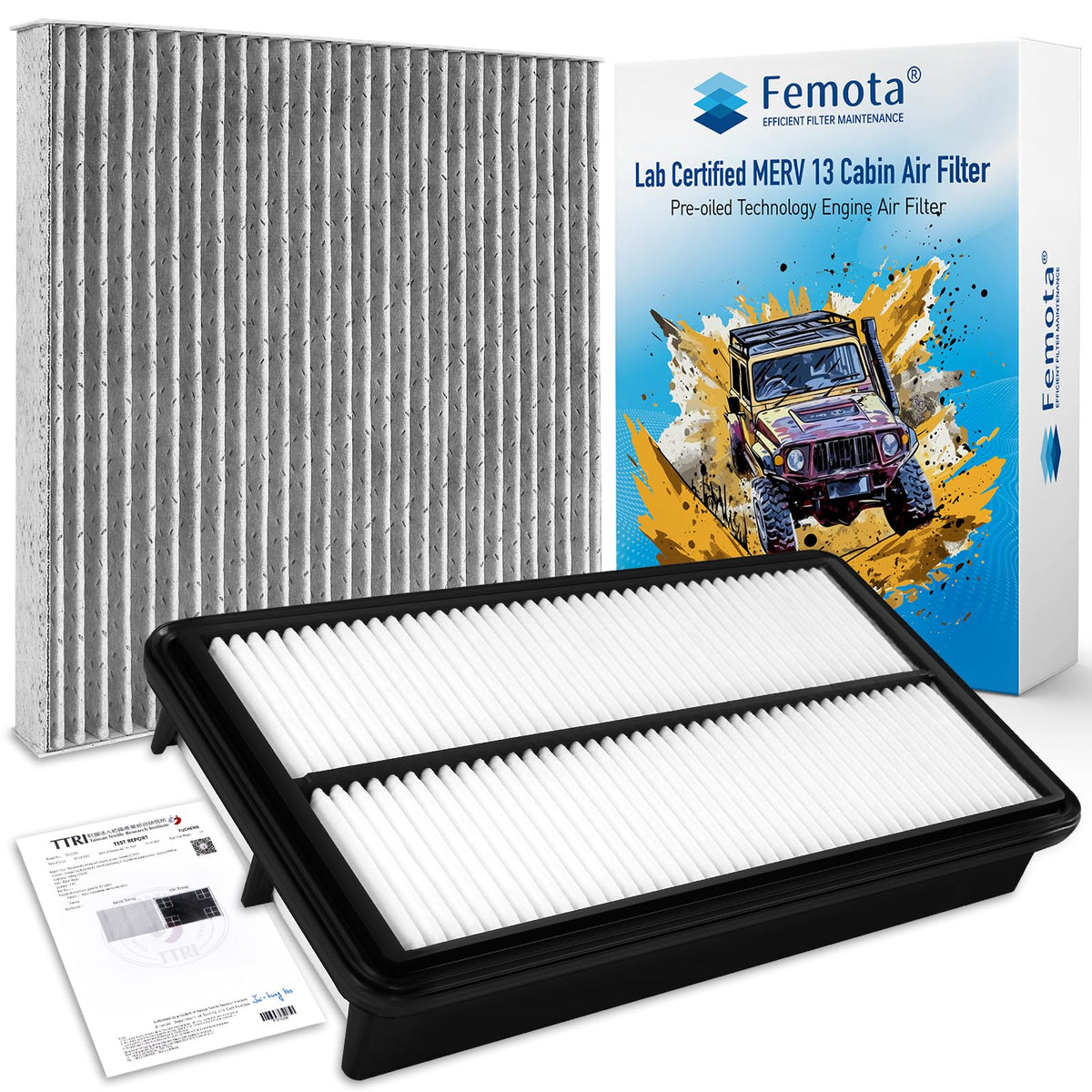 Femota cabin and engine filter kit front packaging showing contents and fitment