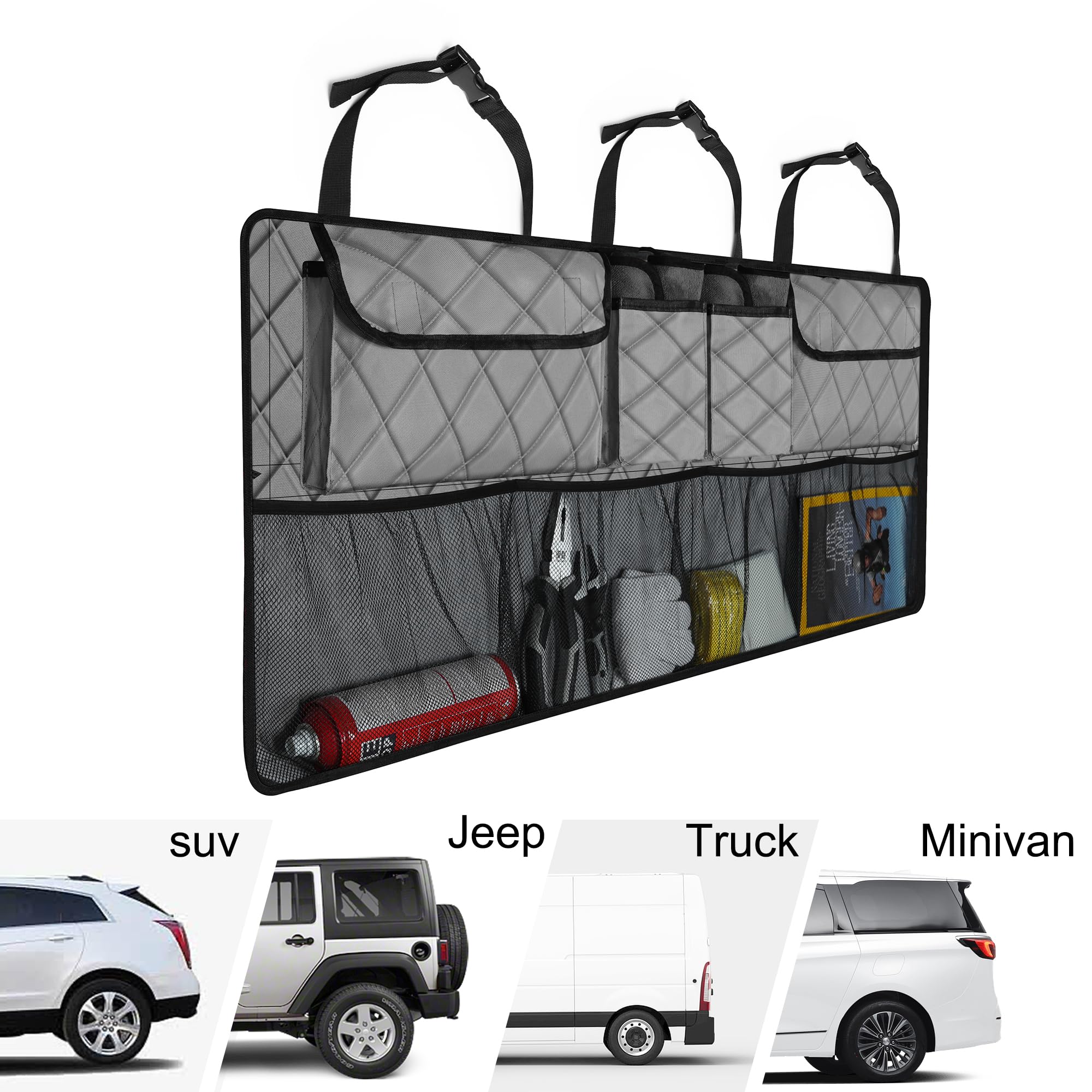 Femuar with groceries and gear arranged showing organized cargo benefit