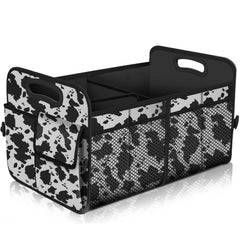 Femuar front view cow print showing roomy 72L capacity and neat organization