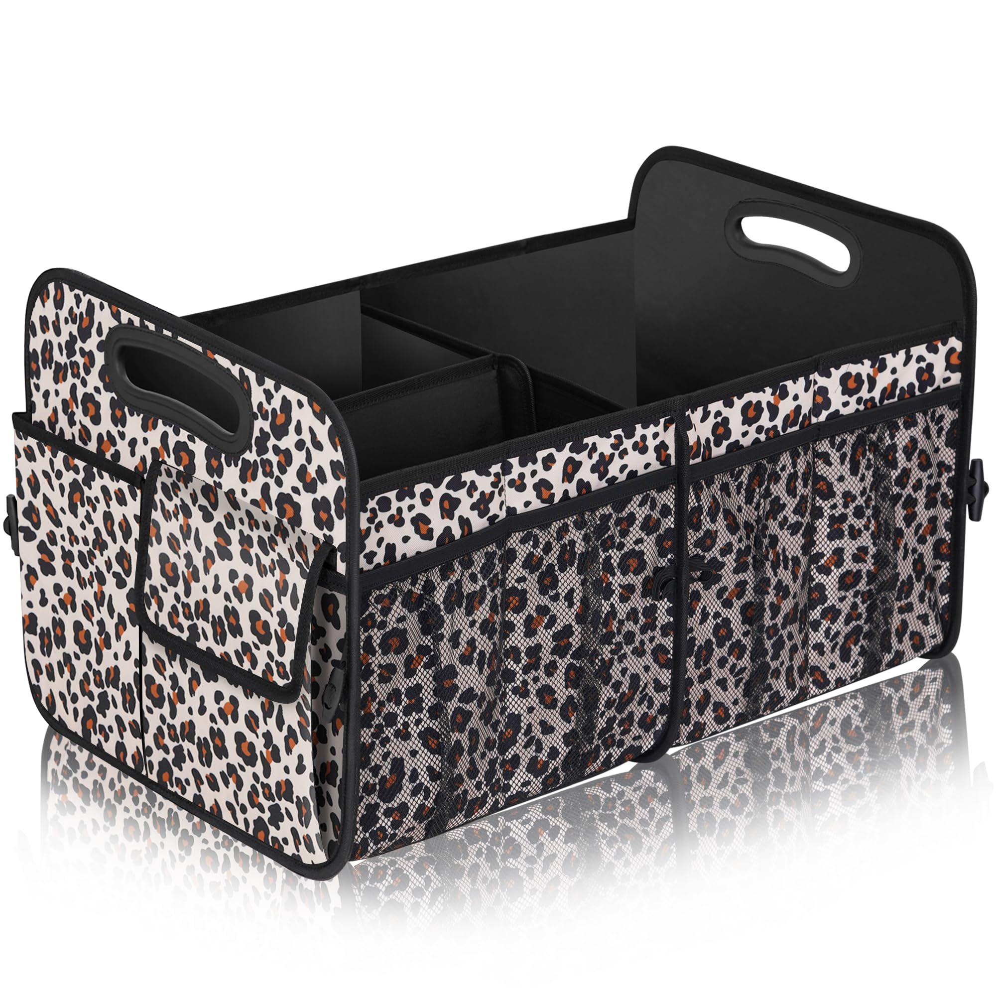 Femuar front view leopard print shows stylish organized storage