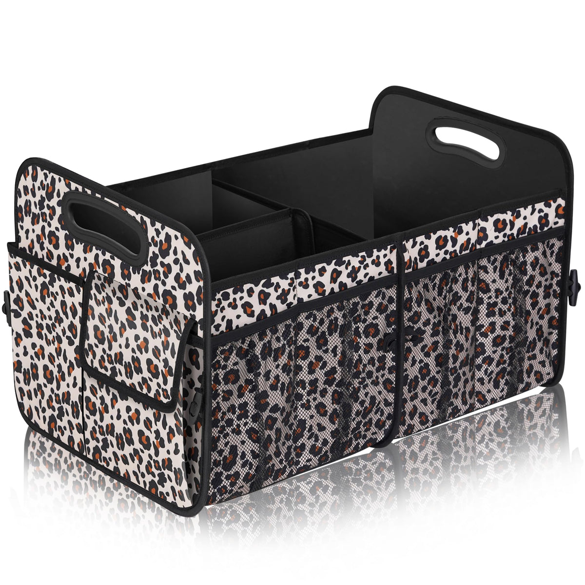 Femuar front view leopard print shows stylish organized storage