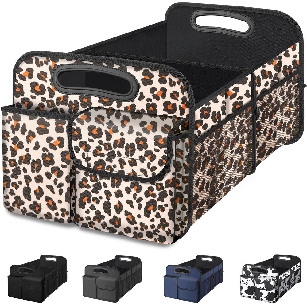Femuar front view leopard trunk organizer showing large capacity and style