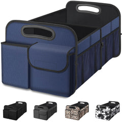 Femuar front view of trunk organizer showing five compartments and portability