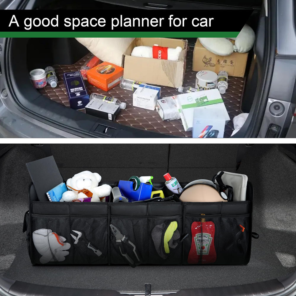 Femuar installed in SUV trunk organizing groceries and sports gear