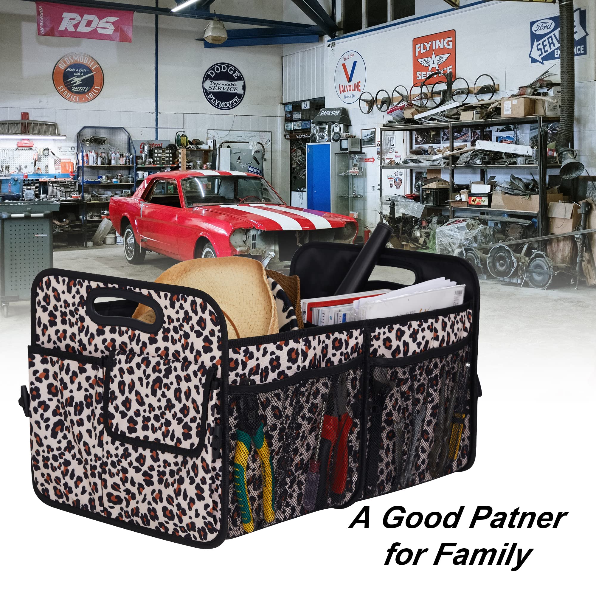 Femuar placed in car trunk holding groceries and bags neatly
