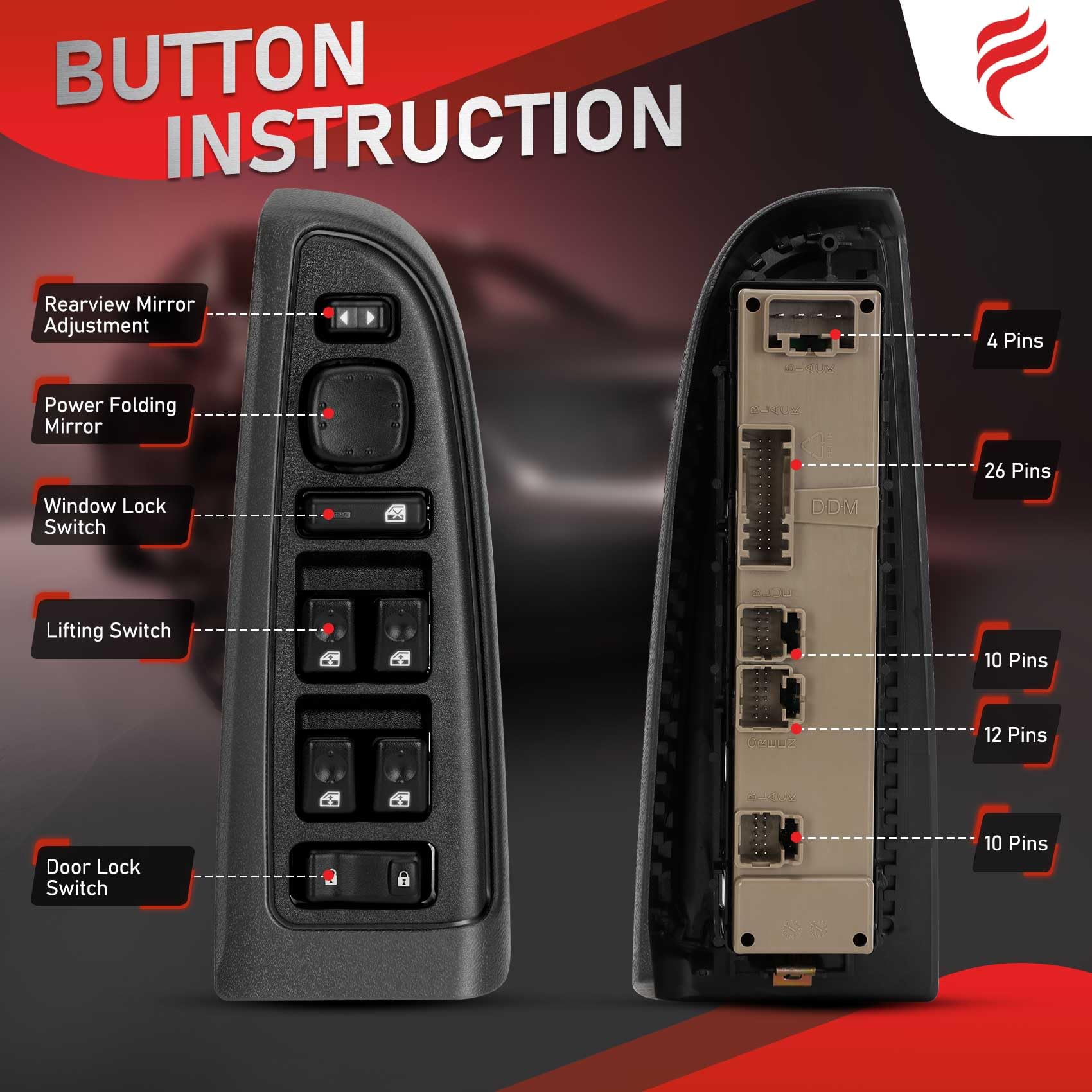 Fengind switch installed in a vehicle door panel, showing direct-fit installation benefit