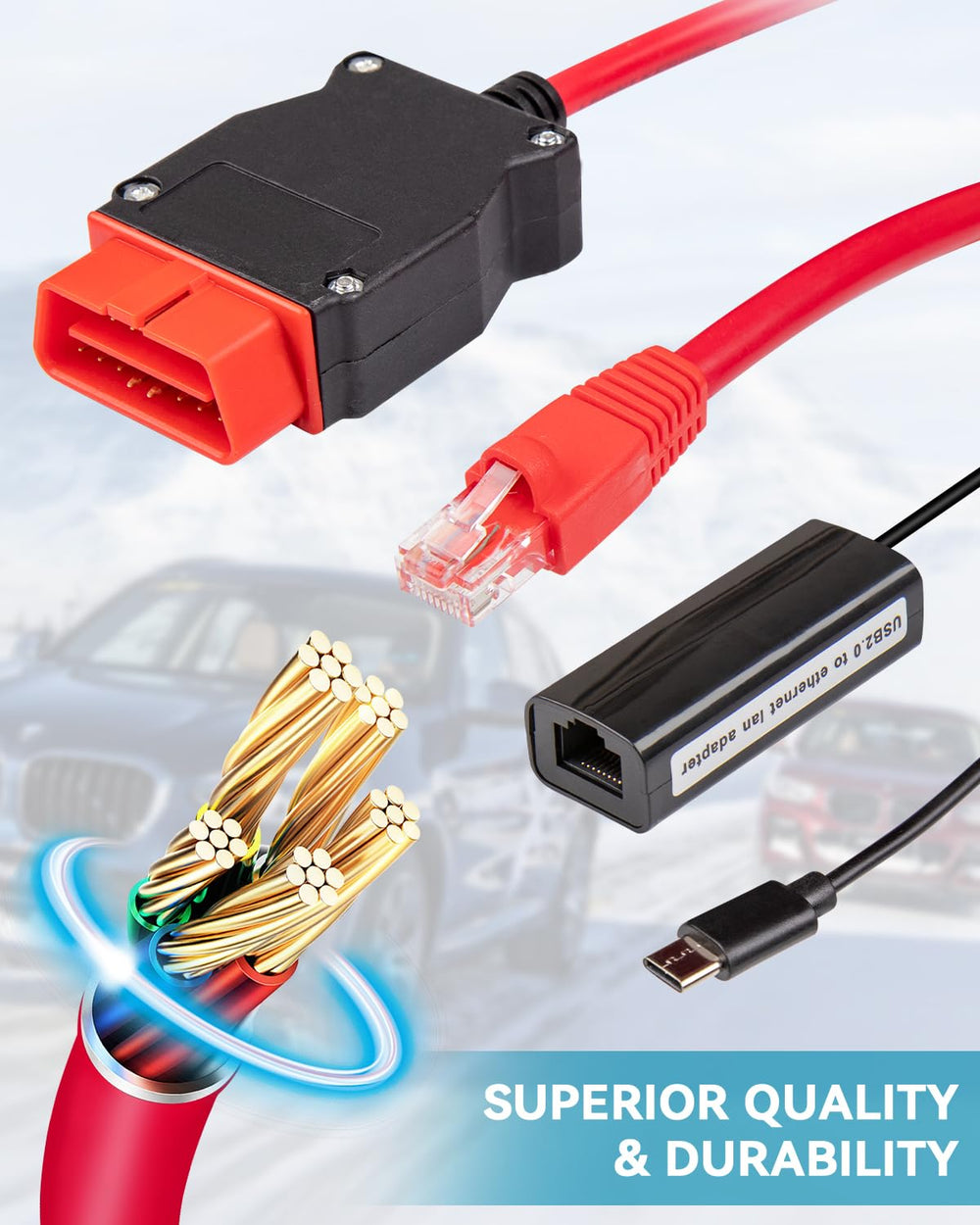 FENNICA cable beside ruler illustrating 2m length for convenient in-vehicle reach