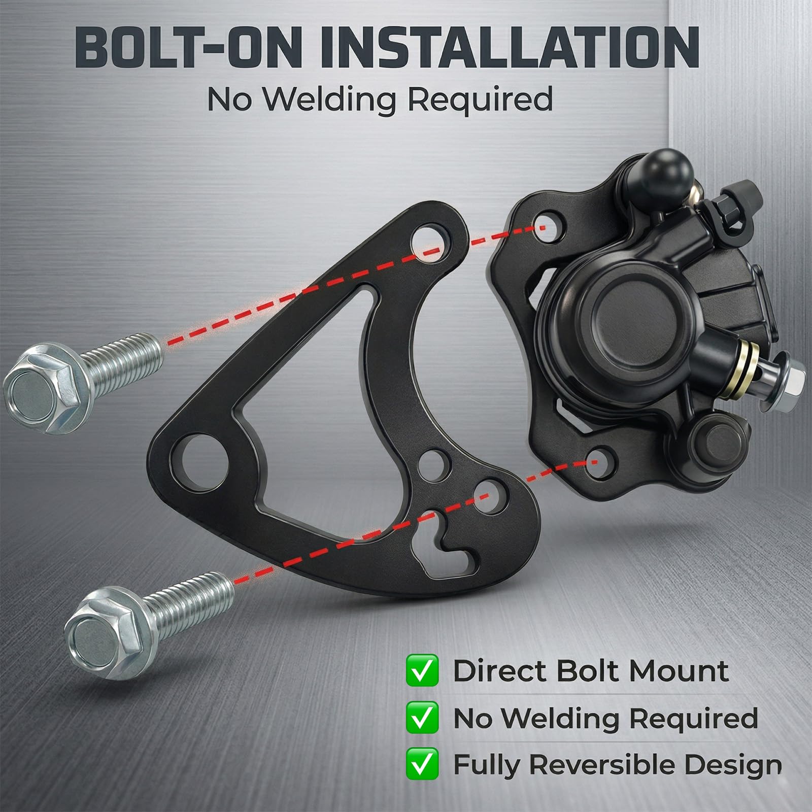 Feralmoto bracket mounted on frame demonstrating correct caliper positioning and strength
