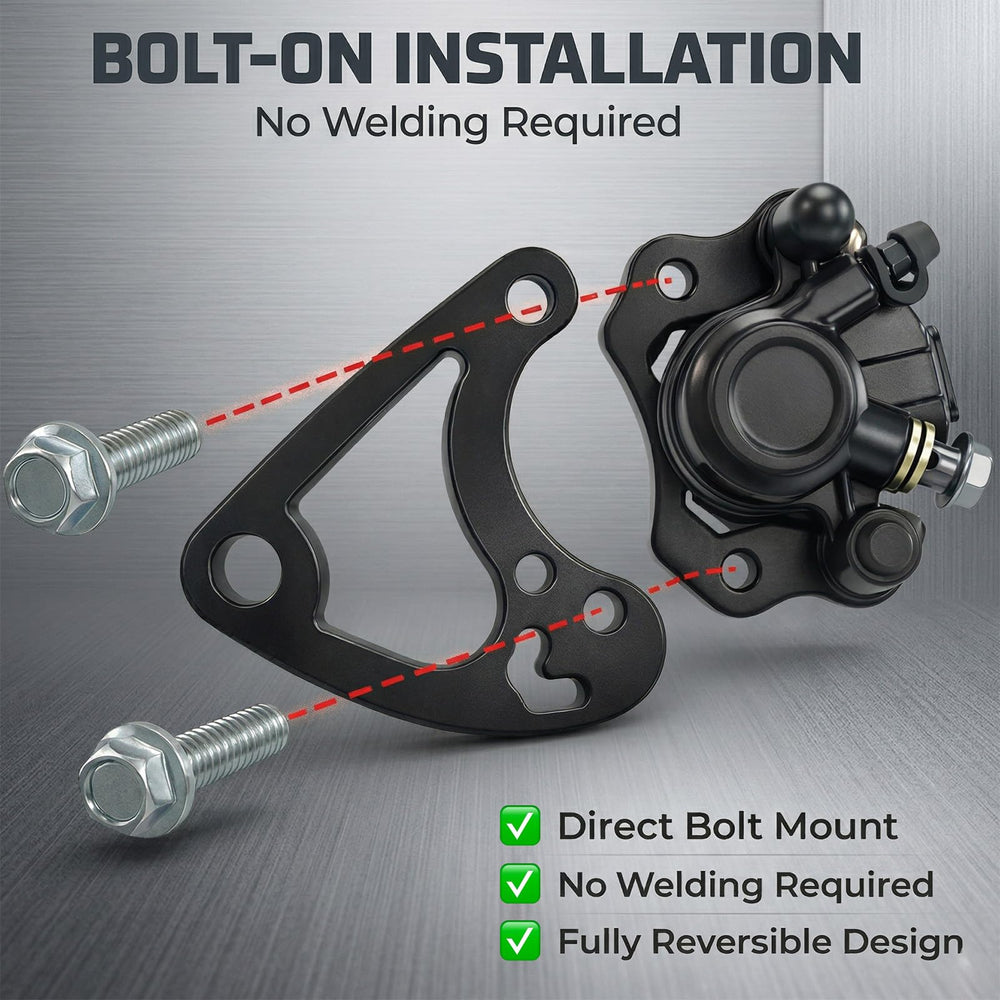 Feralmoto bracket mounted on frame demonstrating correct caliper positioning and strength