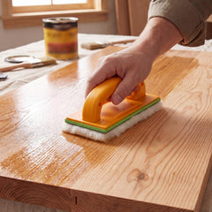 Ferrochef applicator in use on a wooden tabletop demonstrating smooth, streak-free finish application