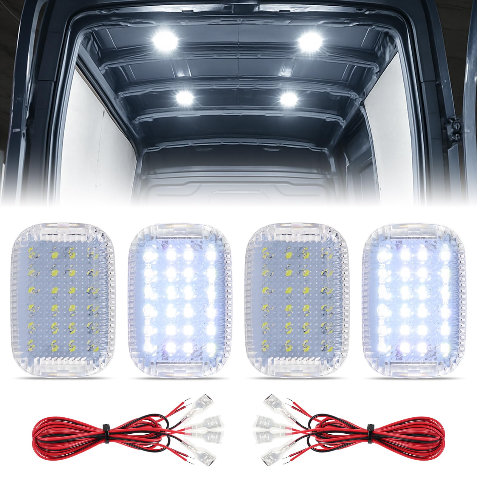 FetonAuto front view of four LED cargo lights showing complete kit and benefits