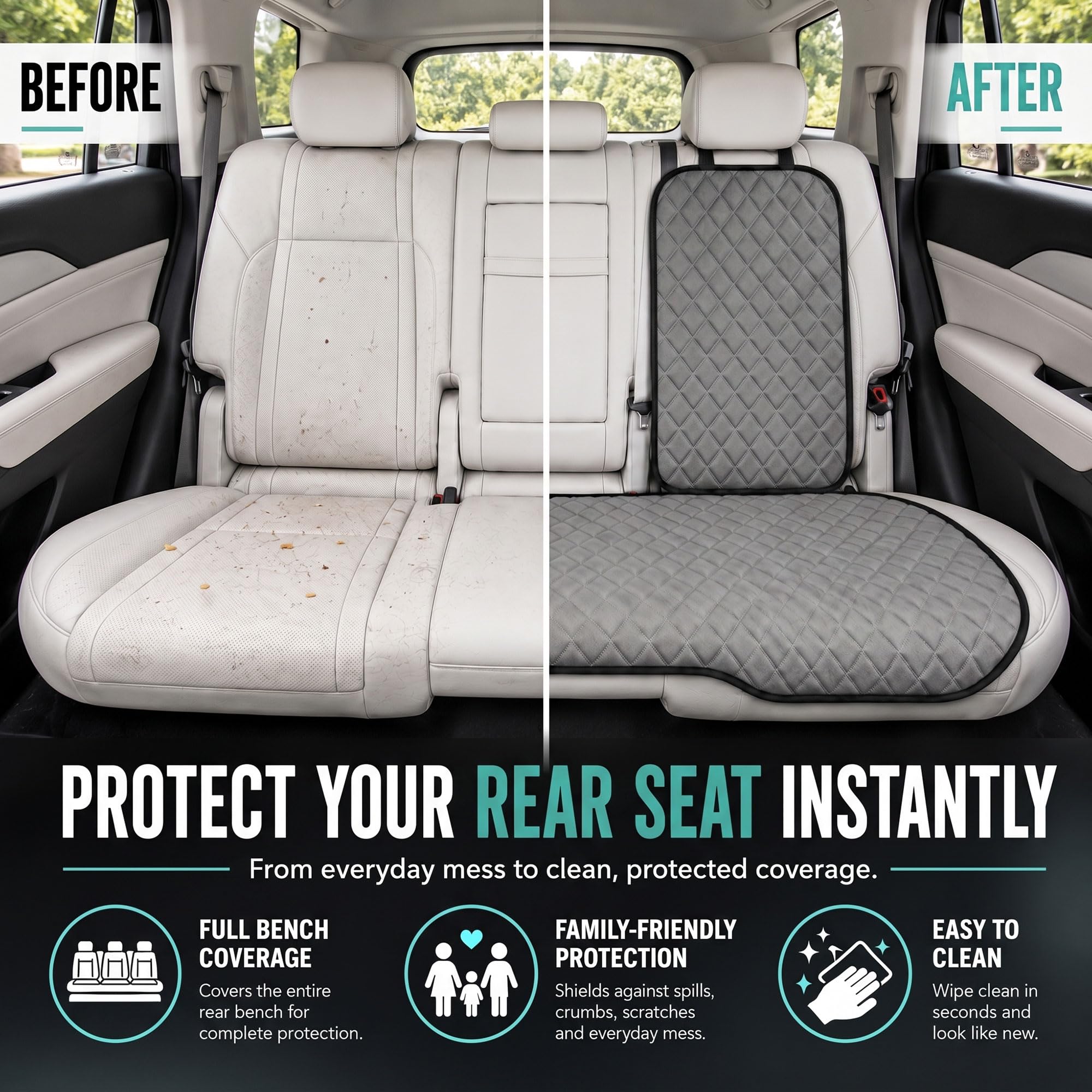 FH Group cushion in family car with pet showing protection and style benefit
