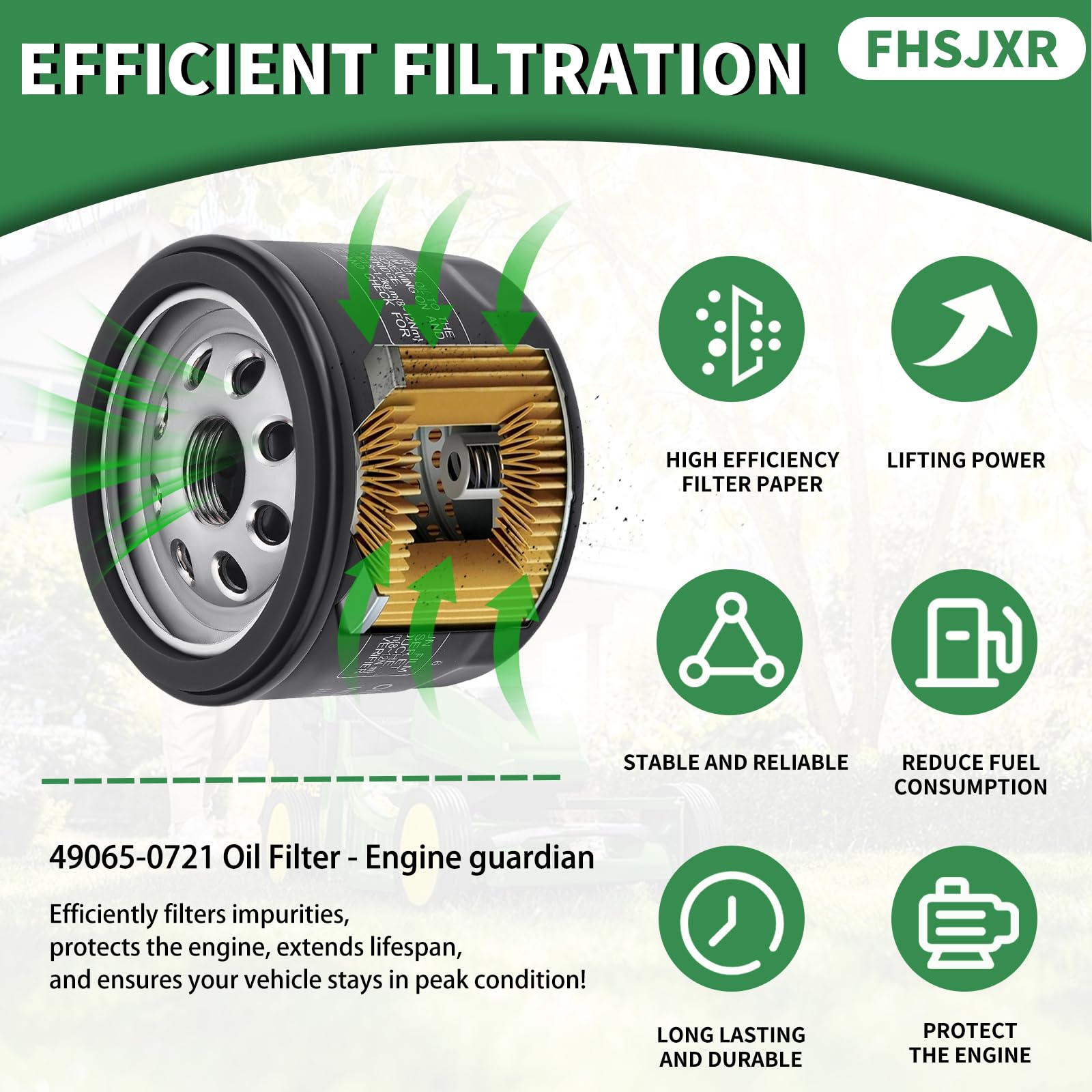 FHSJXR oil filter label closeup showing model numbers and clear identification