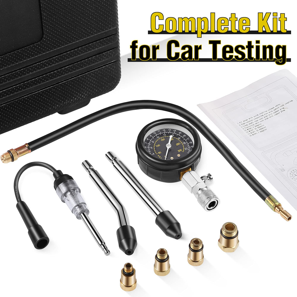 Fiada tester attached to engine spark plug hole illustrating on-vehicle diagnosis