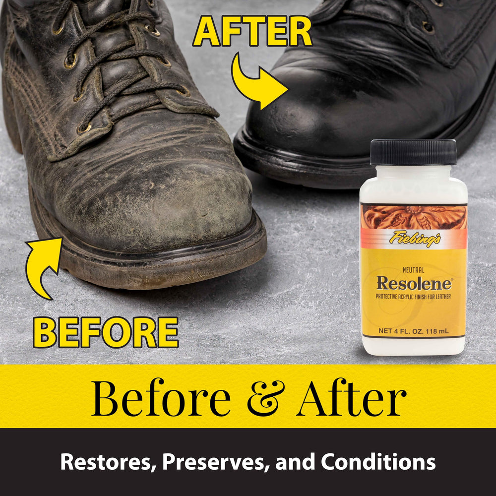 Fiebing's before and after on boot showing restored shine benefit