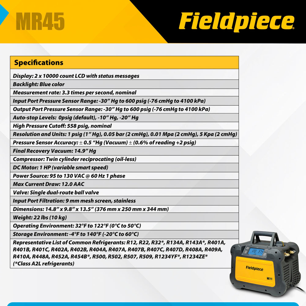 Fieldpiece MR45 compressor and condenser detail highlighting durable ceramic cylinder benefit