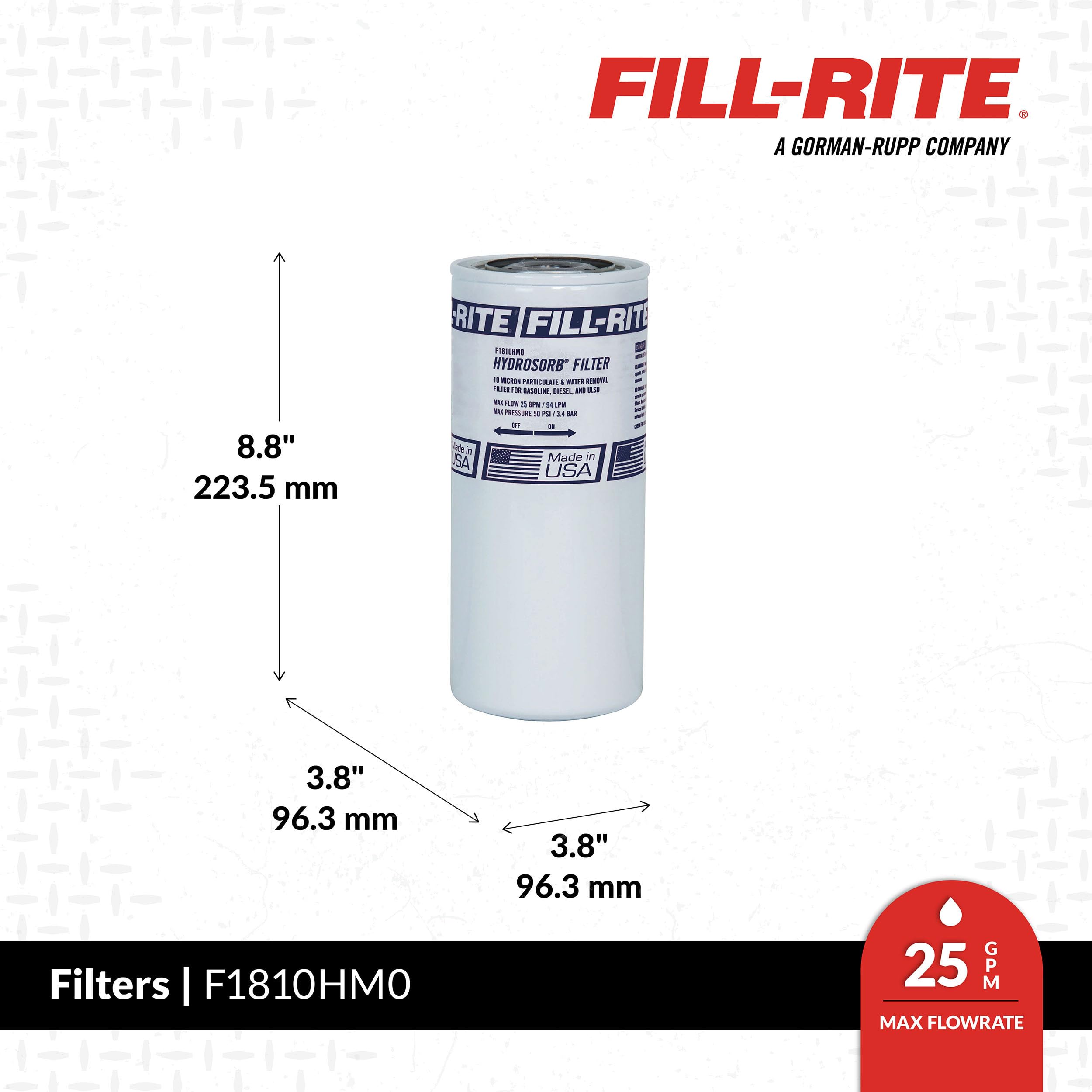 Fill‑Rite F1810HM0 media closeup revealing 10‑micron element that captures fine particles