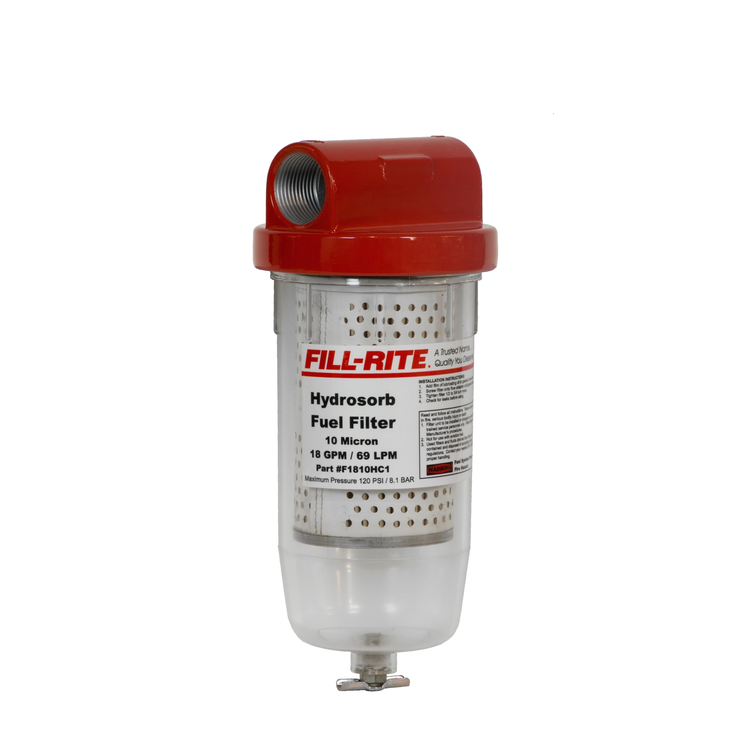 Fill-Rite front view clear bowl showing filter element and easy inspection benefit