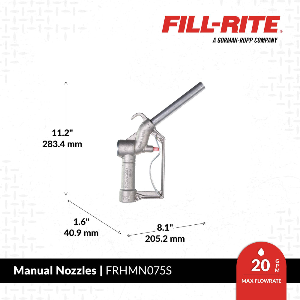 Fill-Rite nozzle spout close-up highlighting 15/16" tip for accurate fuel delivery