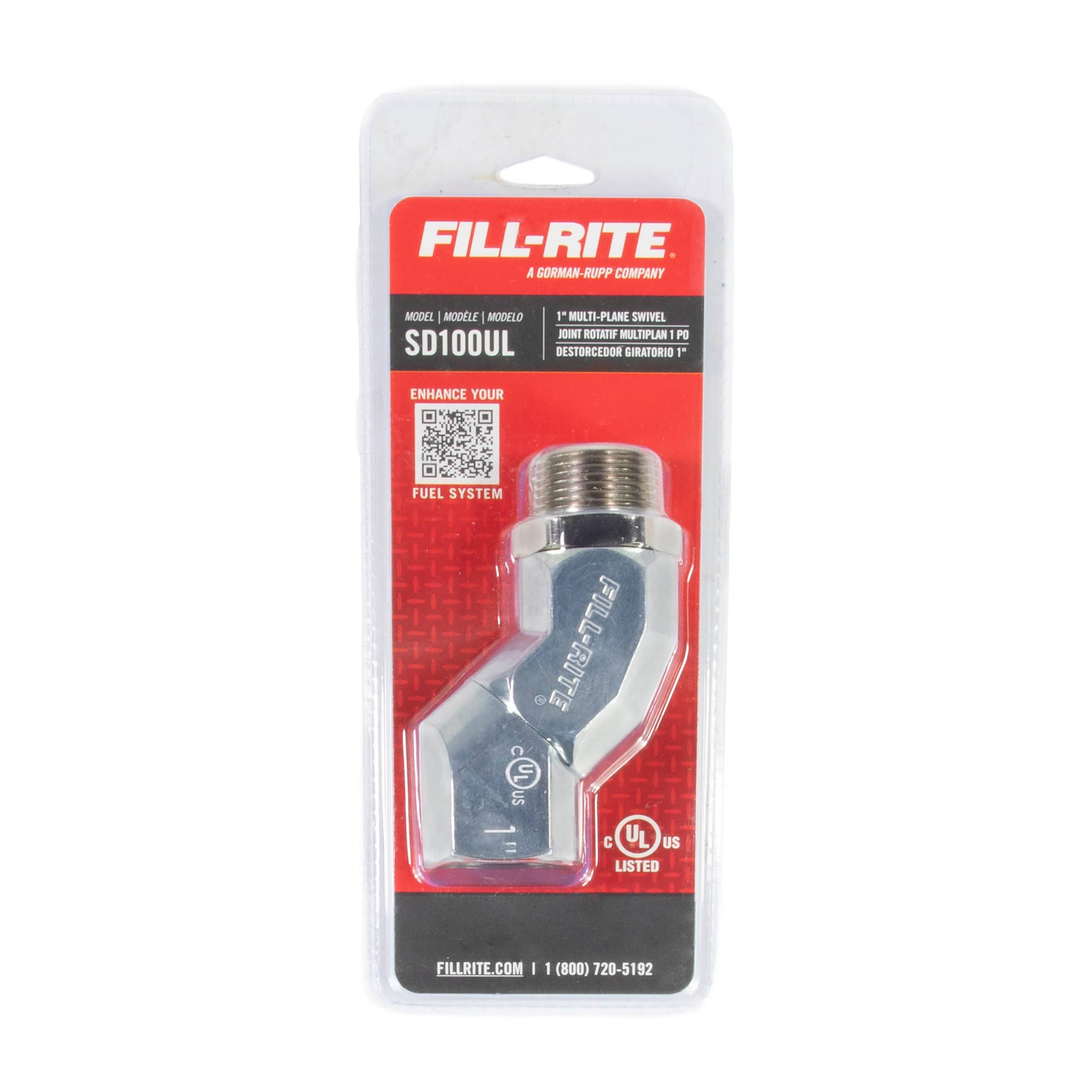 Fill-Rite SD100UL installed between nozzle and hose demonstrating 360-degree rotation to reduce hose strain