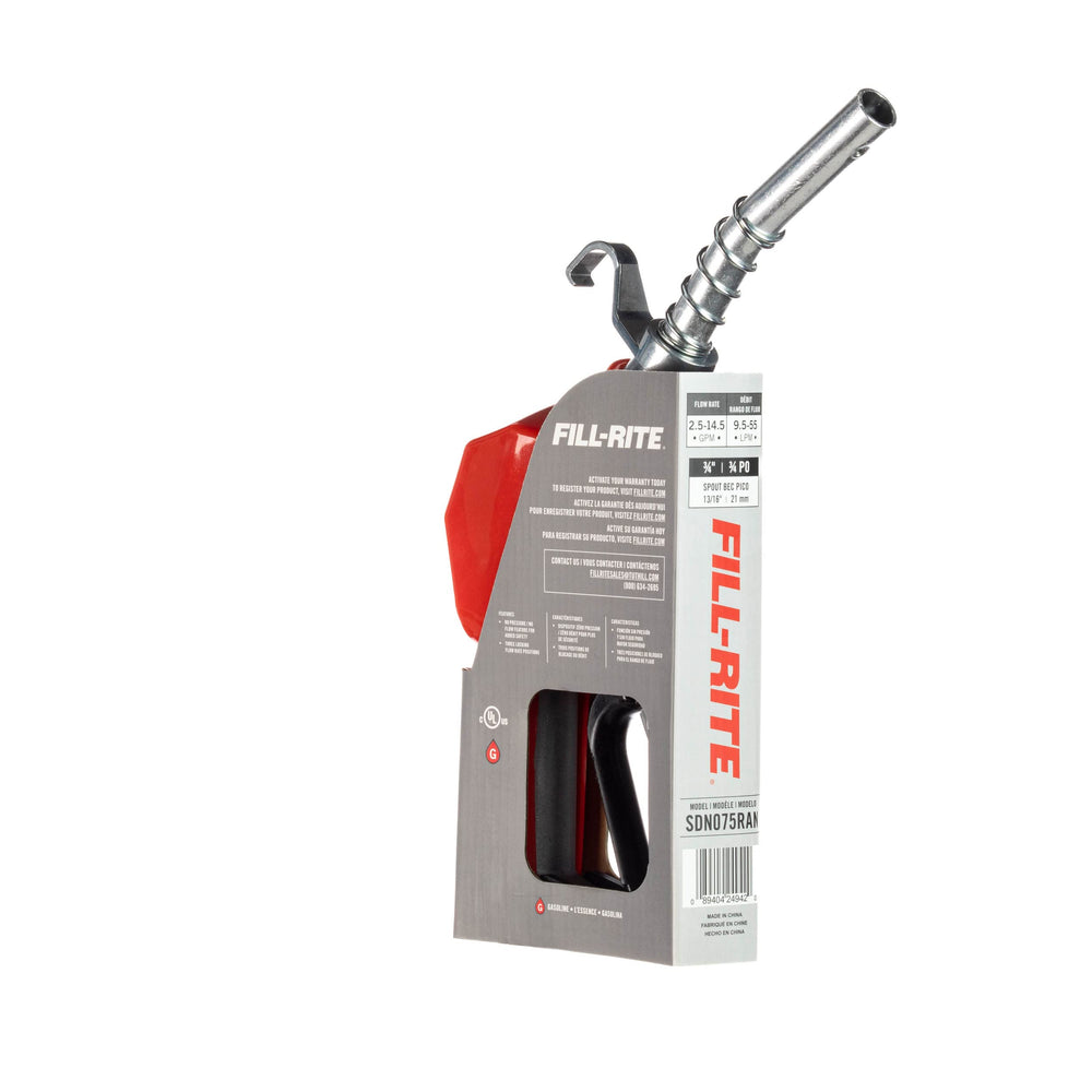 Fill-Rite label and markings showing compatibility with gasoline, diesel, B20 and E15 for clarity