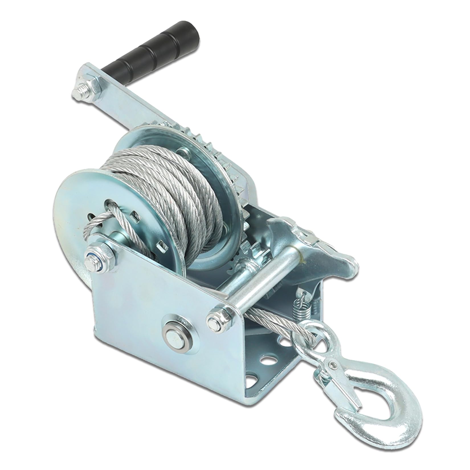 findmall front view of the hand winch showing compact steel construction and mounting points for reliable towing