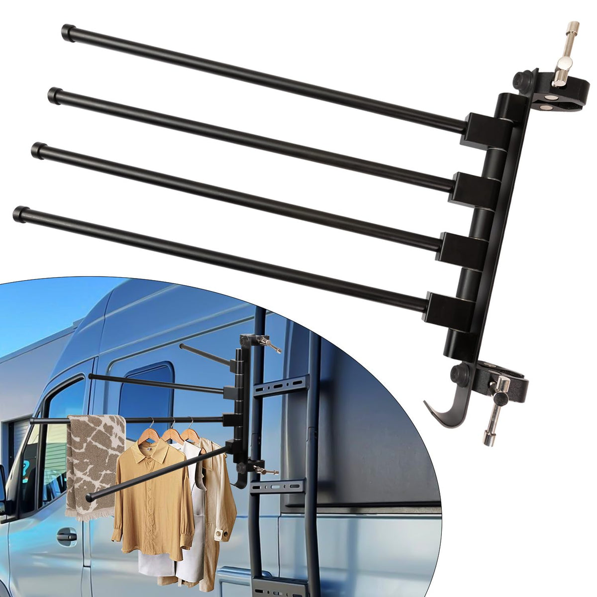 Fistihon front view mounted on RV ladder showing stable drying benefit