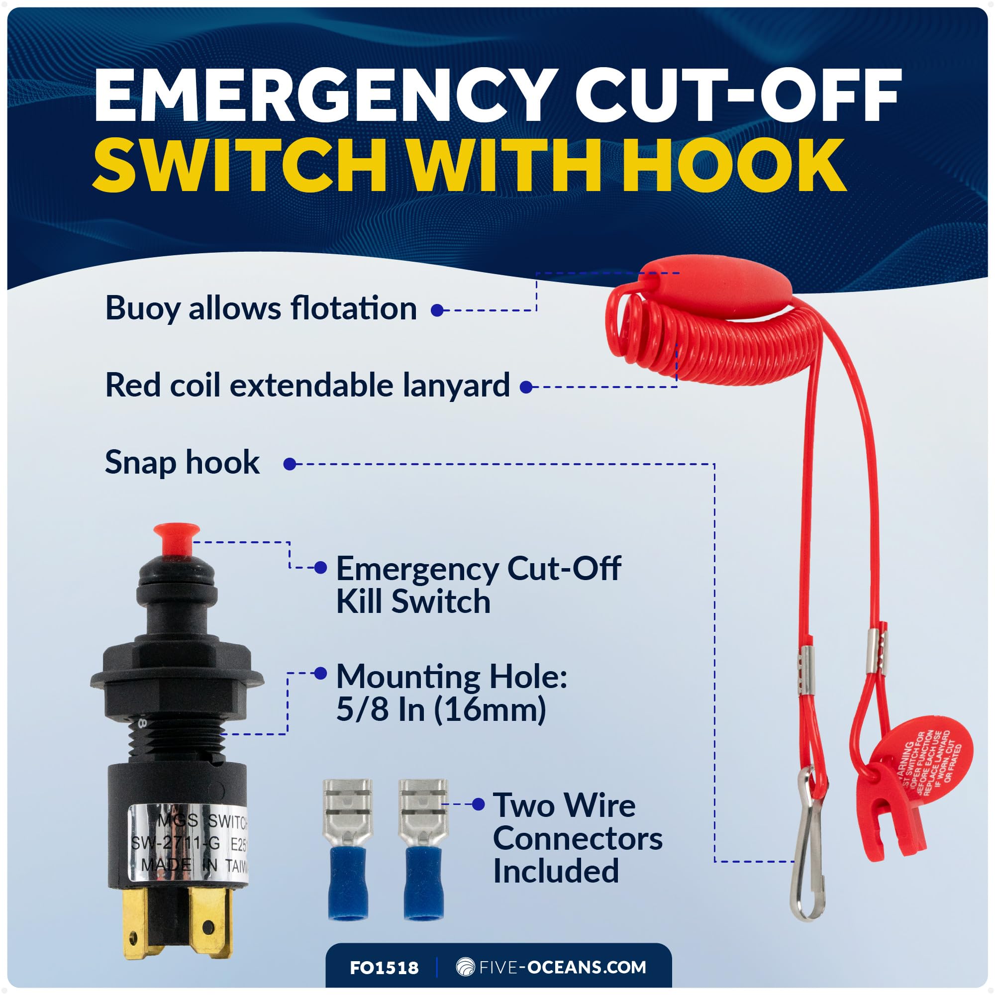 Five Oceans red coil lanyard stretched to demonstrate reach and tangle resistance