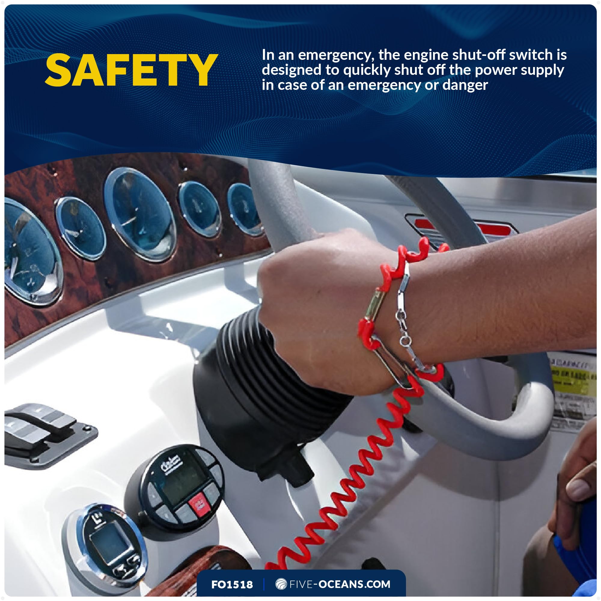 Floating red buoy on water with Five Oceans lanyard for easy retrieval
