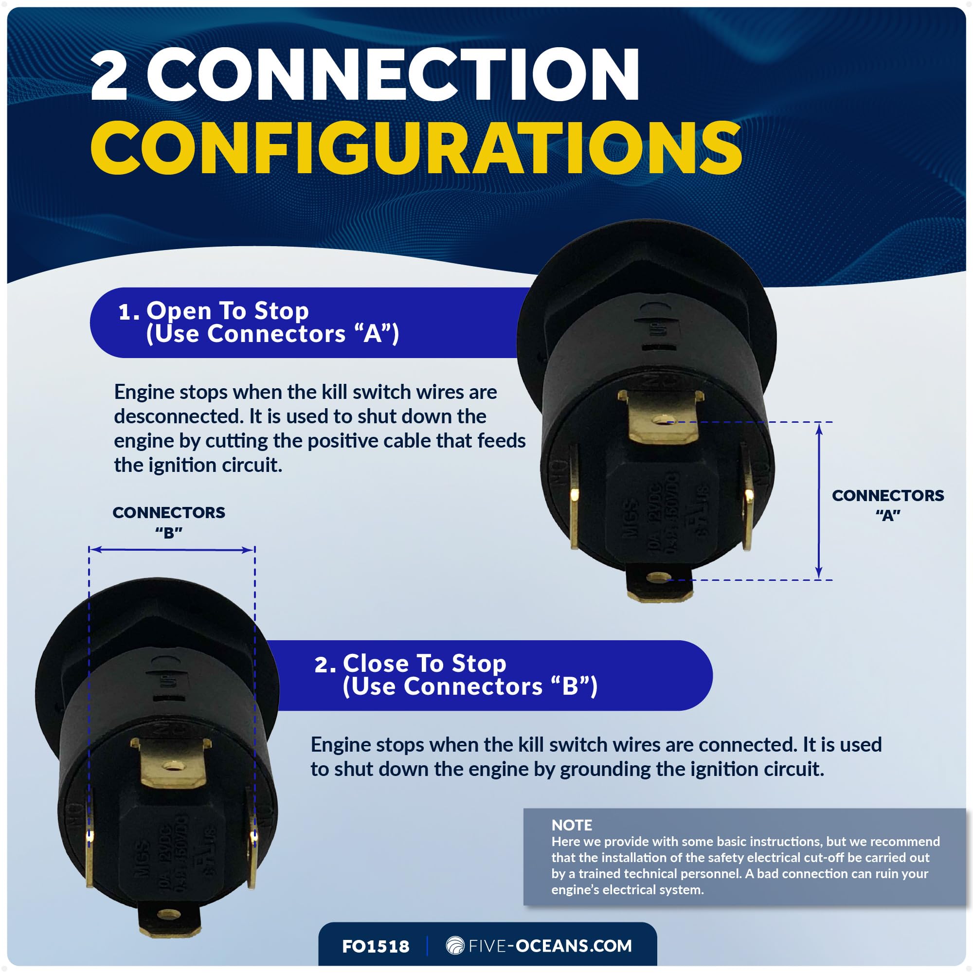 Snap hook and two wire connectors from Five Oceans pictured for fast installation