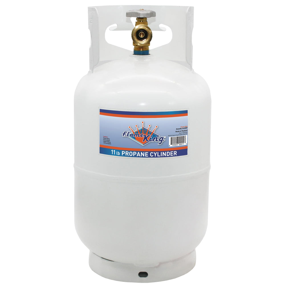 Flame King front view of white 10LB steel propane tank showing shape and handle for portability