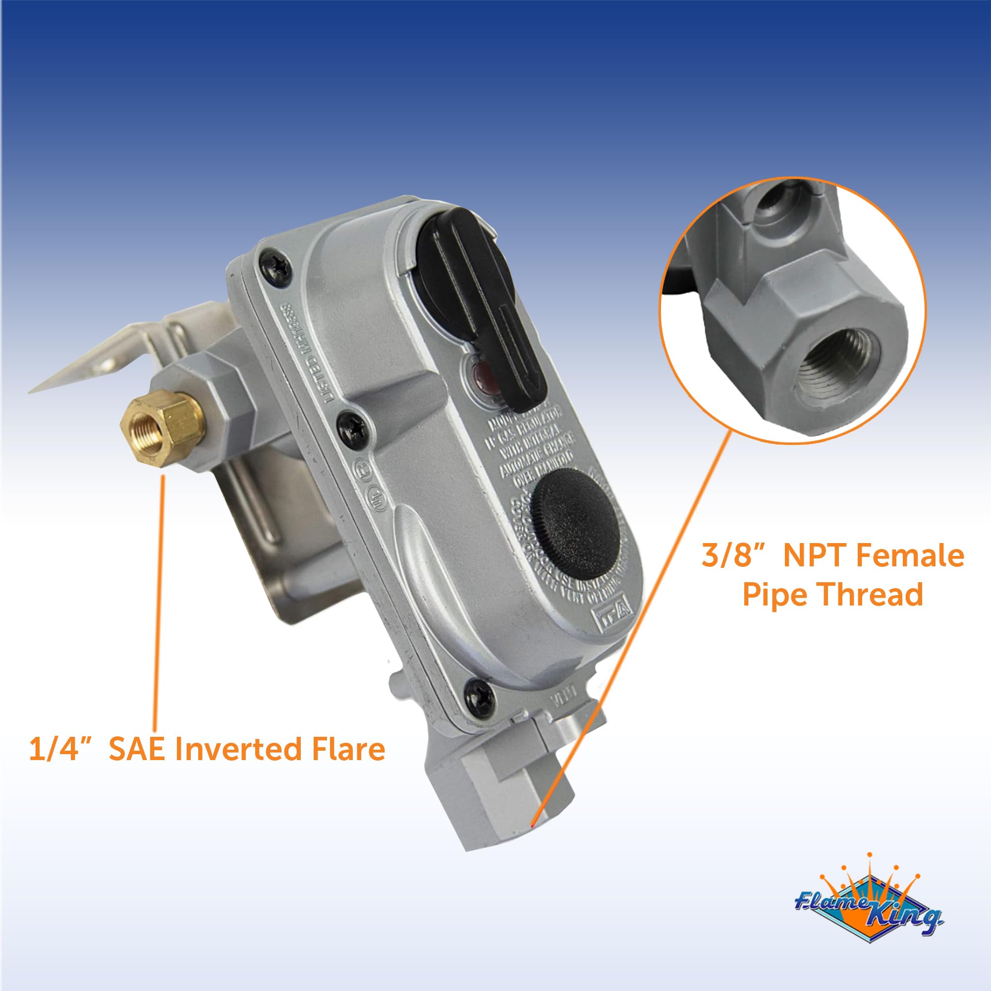 Flame King regulator next to a hand for size comparison and installation ease