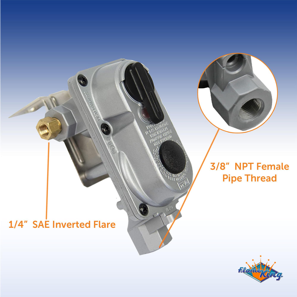 Flame King regulator next to a hand for size comparison and installation ease