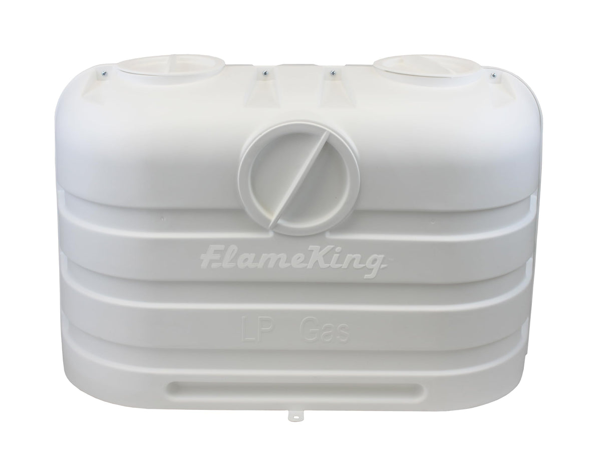 Flame King front view of cover protecting two 20lb tanks, shows neat organized appearance