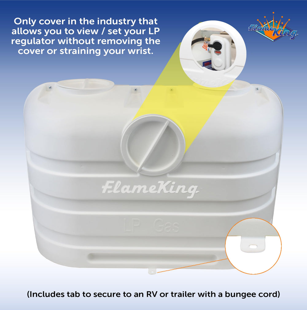 Flame King side access port visible, allows regulator checks without removing cover