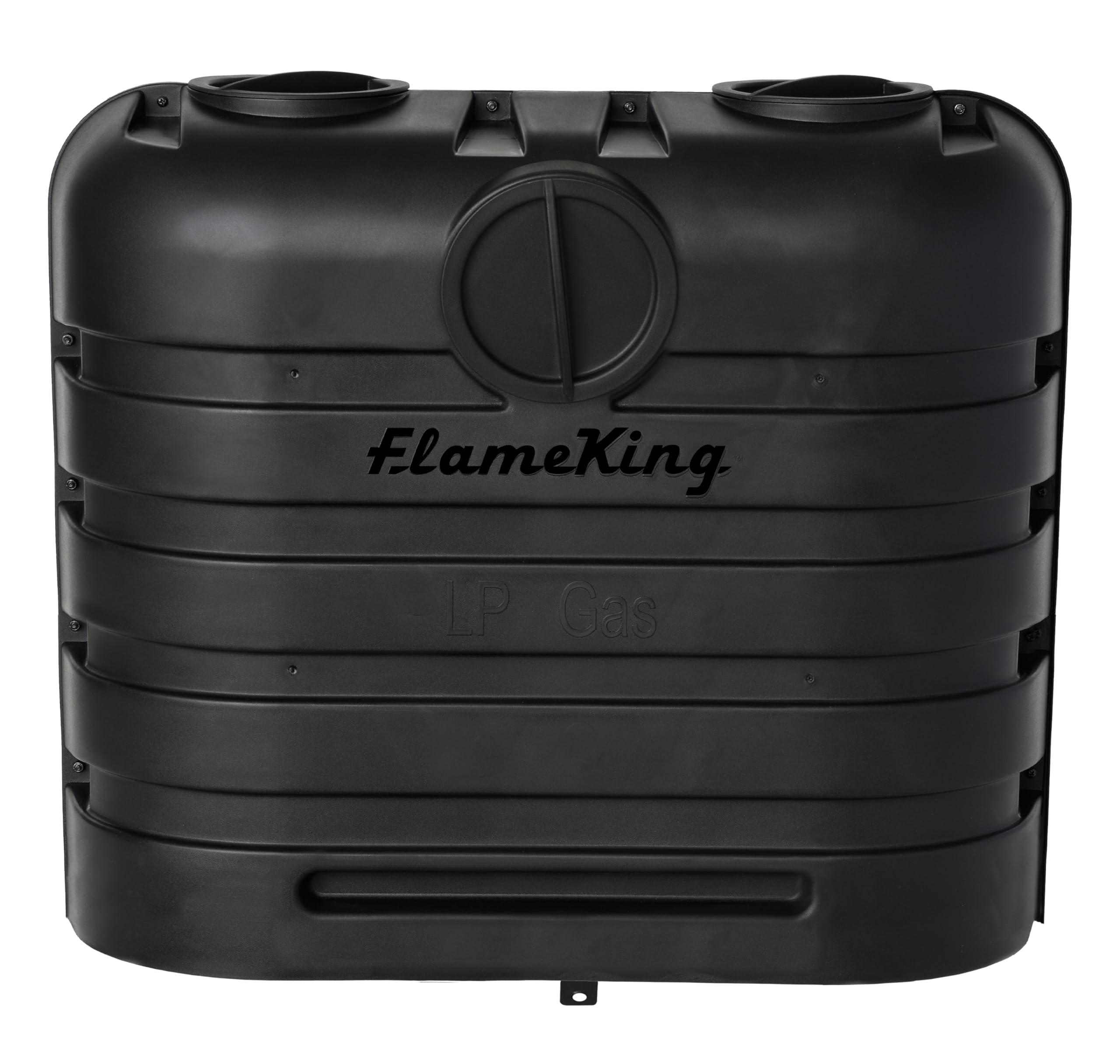 Flame King front view showing dual 30lb cover protecting tanks, improving durability