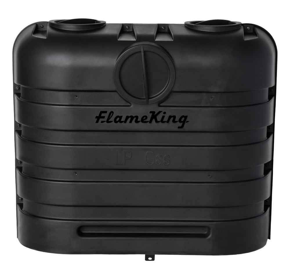 Flame King front view showing dual 30lb cover protecting tanks, improving durability