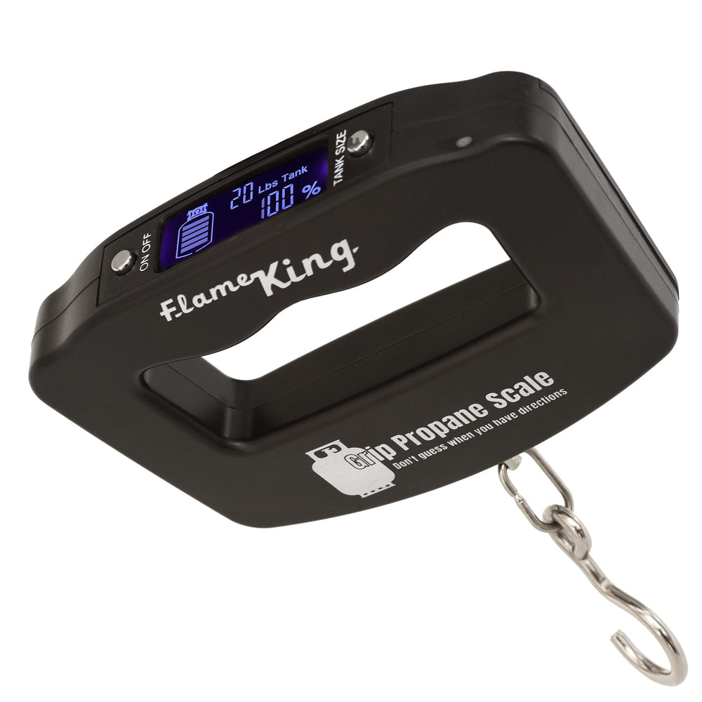 Flame King front view showing scale with propane tank for accurate readings